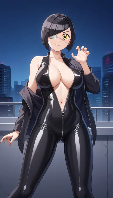 1girl, standing, jojo pose, long legs, BREAK girl, 22yo, omoharu nakanaka, short hair, black hair, yellow eyes, eyepatch, detailed cute eyes, curled eyelashes, (large breasts), beautiful eyes, beautiful face, latex bodysuit, off shoulder, taut clothes, (op...