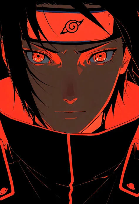1 male background, Itachi Uchiha (naruto), black hair in military uniform, filter, masterpiece, facial focus, Red eye light, dark background, ninja costume