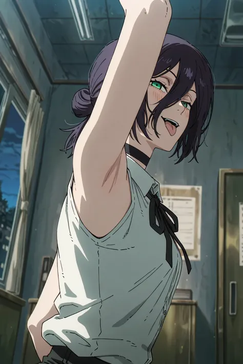 masterpiece, best quality, amazing quality, anime screencap, anime coloring, 1girl, solo, rezeanime, anime, chainsaw man, reze \(chainsaw man\), green eyes, medium hair, hair between eyes, single hair bun, choker, collared shirt, sleeveless shirt, neck rib...