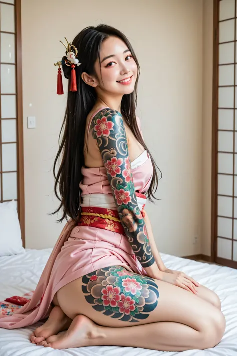 tattoo、Highest Quality、Highest Image Quality、masterpiece、Golden Ratio Body Type、(Thin long legs)、beautiful breasts、Dark Haired、long hair、straight hair、samurai hair 、17 years old、 nice butt、beautiful constriction、perfect body、thick pubic hair、perfect hands...
