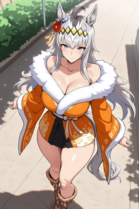 (masterpiece, Highest Quality, perfect face:1.4), Wide angle, Oguri, long hair, horse ears, grey hair, ahoge, horse tail, blue eyes,multicolored hair, ogli cap \(Uma Musume\),Running figure, 1 girl, blue eyes, multi colored hair, long hair, Gray Hair, stup...