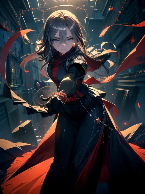 (Natural killer, pretending to fall and then performing a slash attack on the assassination target)
(Solo, alone, girl, blue eyes, cool smile, heart-shaped emotion)
(Stretching steel threads around her, assassin outfit, long skirt: 1.8)
(2D, 2DCG, animatio...