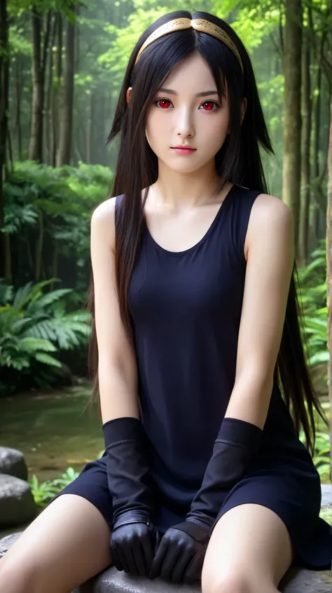 Masterpiece, best quality, 8k, ultra high resolution, photorealistic, cinematic composition.1girl, solo,hikari uchiha,black hair,(long hair:1.4),outdoors,potrait,small breast,red eyes,(sitting on stone:1.5),(front view), looking at viewer,(rainforest backg...