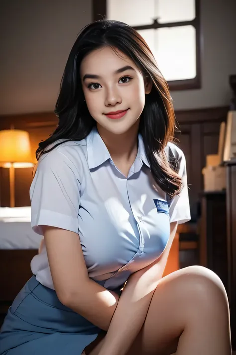1girl, solo, 19 years old, (uniform), at the dance club, sittung down, semi-thick breasts, smooth realistic skin, cute smile, white shirt, short grey blue skirt, photorealistic, 8K, ultra-detailed, hyper-realistic, physically-based rendering, chiaroscuro l...