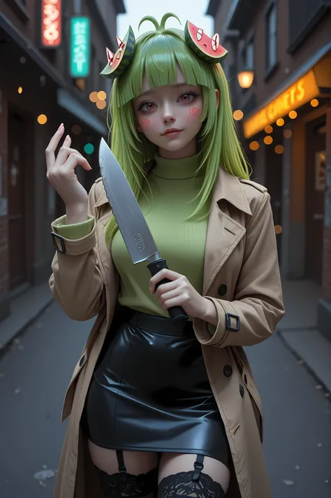 Vannamelon, trench coat、melon hairpin, black skirt, pencil skirt, garter belt、stockings within the limits of regulation、Absurd Beauty、Morning glow、Nobody's Street Corner、 high resolution、Masterpiece、 Portrait、Dark Tones 、bokeh、exquisite detailed expression...