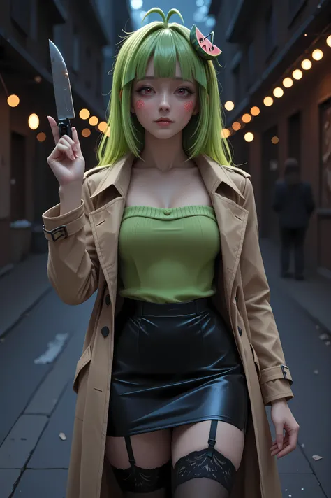 Vannamelon, trench coat、melon hairpin, black skirt, pencil skirt, garter belt、stockings within the limits of regulation、Absurd Beauty、Morning glow、Nobody's Street Corner、 high resolution、Masterpiece、 Portrait、Dark Tones 、bokeh、exquisite detailed expression...