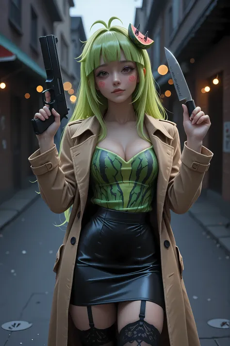 Vannamelon, trench coat、melon hairpin, black skirt, pencil skirt, garter belt、stockings within the limits of regulation、Absurd Beauty、Morning glow、Nobody's Street Corner、 high resolution、Masterpiece、 Portrait、Dark Tones 、bokeh、exquisite detailed expression...