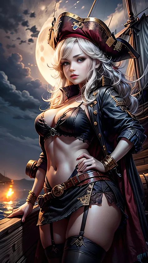 female pirate、、miniskirt、Micro Mini、beautiful thighs、garter belt、sexy pose、light up、Pirate Ship、deck、cannon、on the night of the full moon