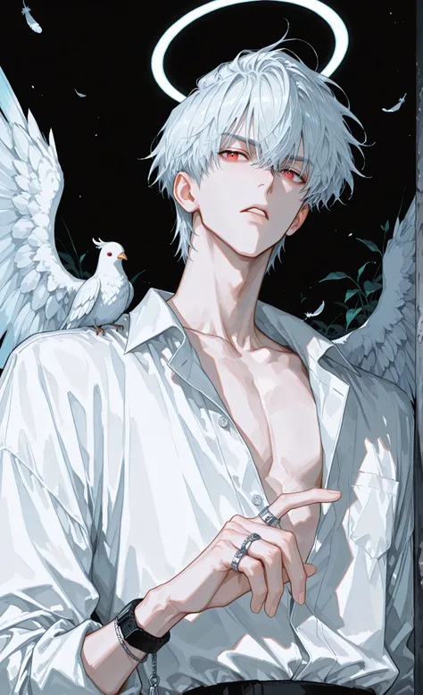 (masterpiece: 1.3, 8k:1.3, Highest quality: 1.3, detail: 1.3, high resolution: 1.3, digital painting, super-detailed) An artistic illustration depicting a young man (Male angel), in his early twenties, of indeterminate ethnicity. He has pale skin, white to...