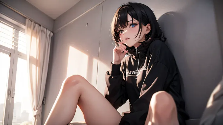 sweatshirt, sitting in a cramped one-room apartment. She leans toward the mic, lips close, as if whispering a rap. The room is dimly lit, cluttered with faint neon light leaking through blinds. Shadows emphasize the narrowness, walls pressing in, creating ...