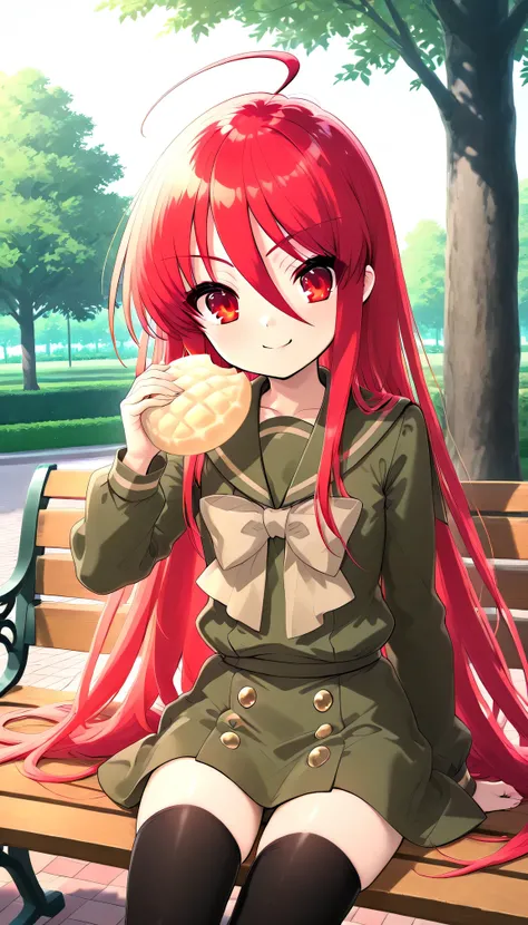 anime style, masterpiece, best quality, ultra detailed, high resolution, 8k, smile, 1 girl, shana, red eyes, red hair, very long hair, hair between eyes, (ahoge:1.1), school uniform, serafuku, green shirt, long sleeves, green skirt, thighhighs,,Eat melon b...
