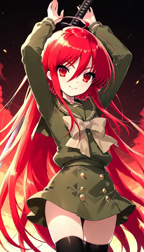 anime style, masterpiece, best quality, ultra detailed, high resolution, 8k, smile, 1 girl, shana, red eyes, red hair, very long hair, hair between eyes, (ahoge:1.1), school uniform, serafuku, green shirt, long sleeves, green skirt, thighhighs,,sword, diam...