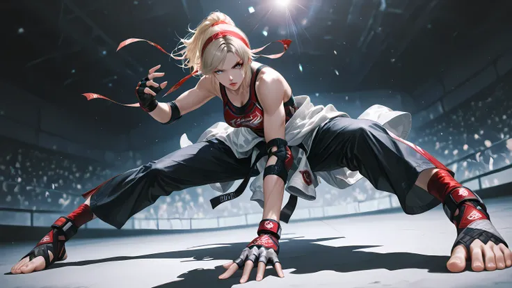 in the style of cksc,lidia sobieska, lidia sobieska \(tekken\), ,lidia sobieska, lidia sobieska \(tekken\), ,edgLidia,fingerless gloves,scar across one eye,ponytail,red hairband,black karate belt,clothes around waist,dougi,tank top, 1girl, solo, breasts, s...
