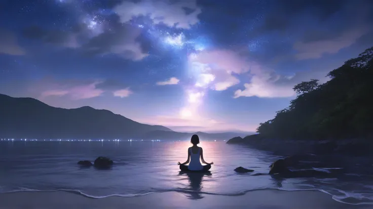 Night sea、Fantastic glowing air、young woman meditating