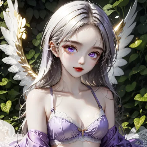 ((Top quality, 8K, best quality, masterpiece, ultra realistic)), ((Beautiful angel with odd eyes)), ((Heterochromia, golden eyes, silver eyes)), ((Sparkling and detailed eyes)), (Very precise eyes), (Long hair with a mixture of platinum and purple), Prince...