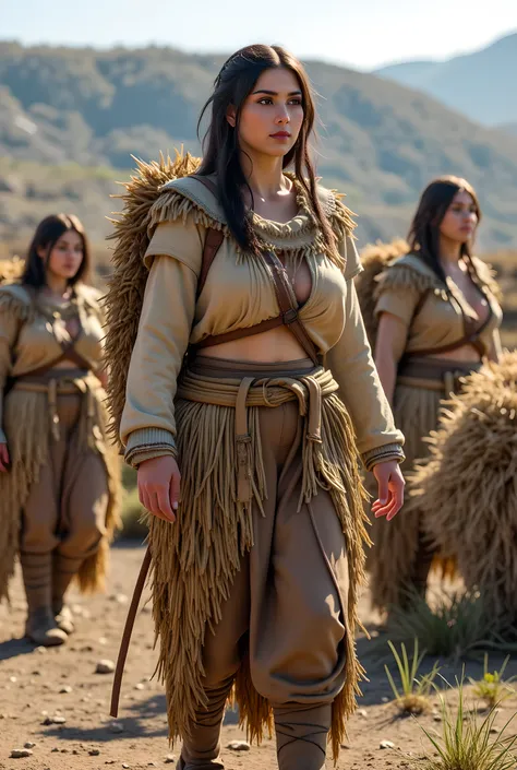Stone age era, (prehistoric age era:1.6), ((Realistic cinematography best cinematic angle depth intense details of realistically beautiful dry tundra landscape scenery)),surreal,focusing on a group beauty female nomads while carrying a realistic intricatel...