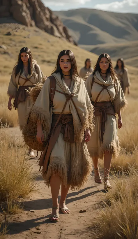 Stone age era, (prehistoric age era:1.6), ((Realistic cinematography best cinematic angle depth intense details of realistically beautiful dry tundra landscape scenery)),surreal,focusing on a group beauty female nomads while carrying a realistic intricatel...