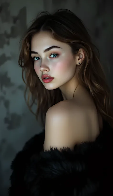 (masterpiece, ultra-detailed, photorealistic, cinematic soft studio lighting at 6500K),
a young Belarusian woman with refined Slavic facial features (high cheekbones, straight nose, slightly narrow almond-shaped eyes, defined jawline), wrapped in luxurious...
