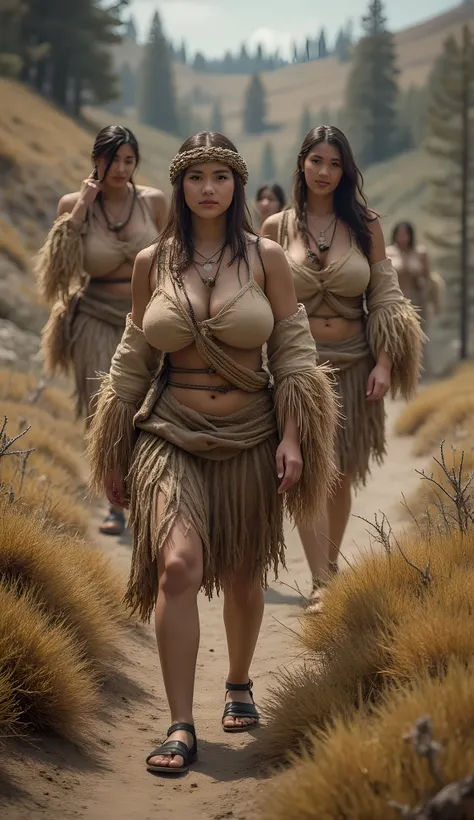 Stone age era, (prehistoric age era:1.6), ((Realistic cinematography best cinematic angle depth intense details of realistically beautiful dry tundra landscape scenery)),surreal,focusing on a group beauty female nomads while carrying a realistic intricatel...