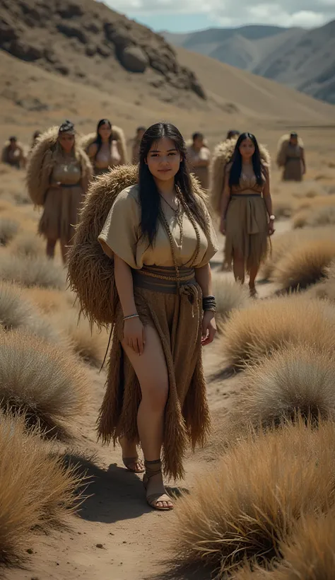 Stone age era, (prehistoric age era:1.6), ((Realistic cinematography best cinematic angle depth intense details of realistically beautiful dry tundra landscape scenery)),surreal,focusing on a group beauty female nomads while carrying a realistic intricatel...