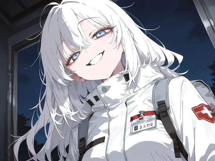 Anime girl with short straight and messy hair, Soft grow white hair color, grow blue eyes color with white sparking, Wearing long white scientist suit with name tag, belt with high-tech medic accesories and small backpack, creepy face and evil smile, half-...