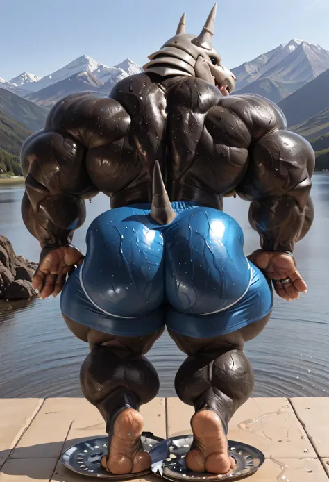 (((by 00b00b43, by morph, by w0lfc0nf))), (((Huge Adult Male muscular bara Furry Dinosaurian Anthro Aggron Triceratops Dinosaur:1.6, Aggron from Pokémon, Pokémon Aggron))), (((Solo:2))), (((Position(facing away, back view position:1.5, both hands are on hi...