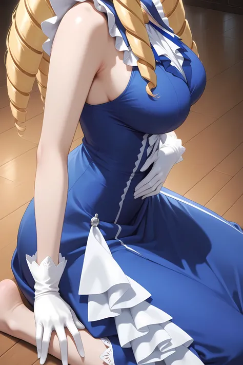 gloves, dress, frills, white gloves, blue dress,,luviagelita edelfelt, long hair, blonde hair, drill hair, large breasts, from side, side pov, 

close up, close up to stomach, feet out of frame, eyes out of frame, 

solo, general, masterpiece, highres, ult...