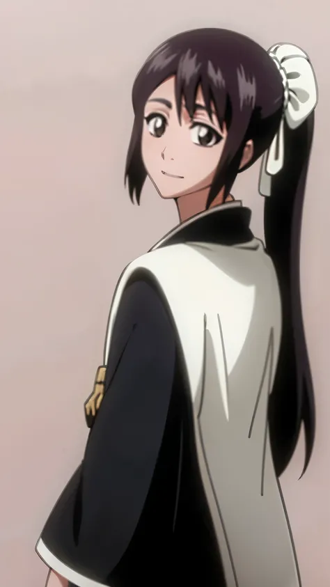 masterpiece, Highest quality , one girl from the side , romantic love , black hair, single ,ponytail, Straight long hair, Vancouver, brown eyes, kimono, white sleeveless coat ,Captain's coat without white sleeves, black kimono , smile, alone, I'm looking f...