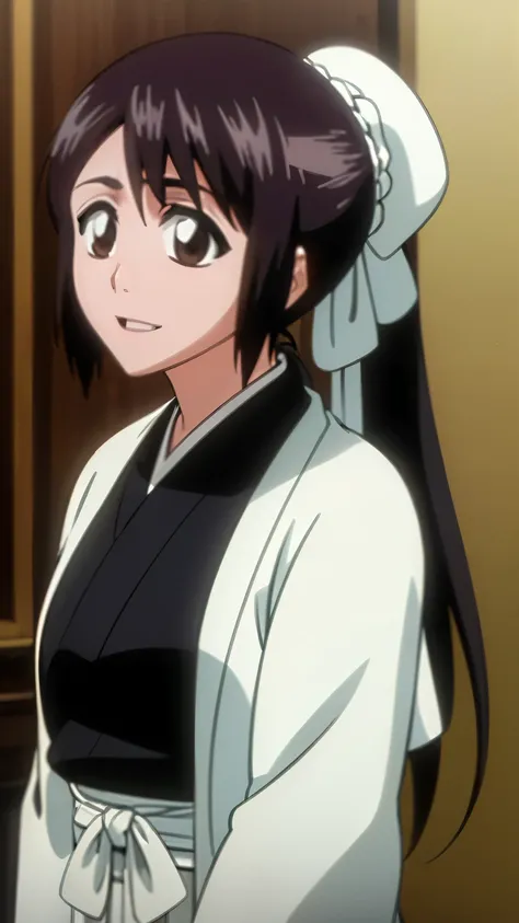 masterpiece, Highest quality , one girl from the side , romantic love , black hair, single ,ponytail, Straight long hair, Vancouver, brown eyes, kimono, white sleeveless coat ,Captain's coat without white sleeves, black kimono , smile, alone, I'm looking f...