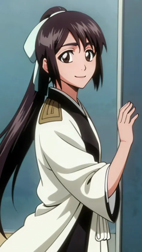 masterpiece, Highest quality , one girl from the side , romantic love , black hair, single ,ponytail, Straight long hair, Vancouver, brown eyes, kimono, white sleeveless coat ,Captain's coat without white sleeves, black kimono , smile, alone, I'm looking f...