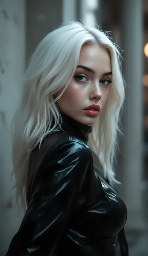 (masterpiece, ultra-detailed, photorealistic, cinematic lighting),  
a beautiful young woman with waist-length straight silver-white hair,  
realistic porcelain PVC-like glowing skin, flawless and sculptural,  
side profile body pose, torso slightly turned...