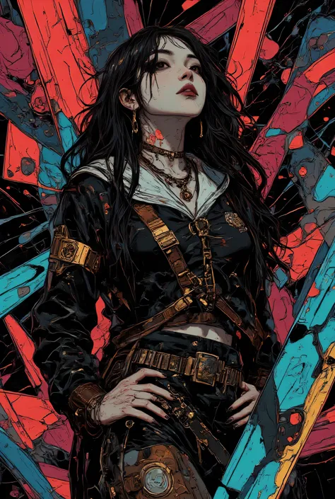 black metal、abstract geometric shapes, colorful shiny viscous liquid、black metal high school girl wearing sailor uniform、black metal face painting