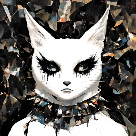 black metal、abstract geometric shapes, colorful shiny viscous liquid、cover is blurry, Overdeveloped, grainy, Low quality black and white photo, ((features a close-up of a white cat with dead makeup on its face)), spike collar