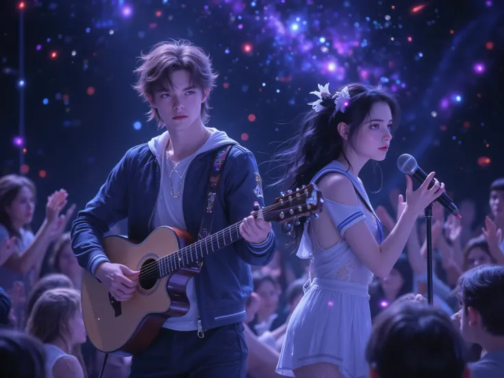 (Blake: 1boy, brown hair, school uniform, holding a guitar),
(Alice: 1girl, black hair, sailor school uniform, singing with a microphone),
both standing on stage, audience clapping and cheering
