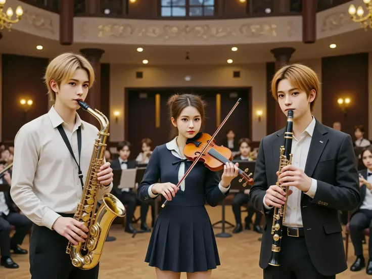 (Blake: 1 young man, Blonde, white shirt, Play Saxophone),
(Sophia: 1 girl under school uniform, dark haired, dress, playing violin),
(John: 1 young man, Red hair, Black Jacket, Cartoon character design playing clarinet),
The three are performing in a gorg...