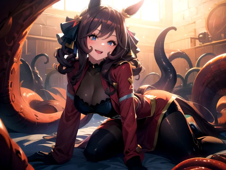 (Basement with tentacle walls, gang rape, surrounded by 1000 tentacles, tentacle bed, full body bukkake,
Solo, alone, horse ears, horse-man, young, one girl, round face, blue eyes, droopy eyes, big eyes, long hair that curls outwards, brushing her hair bac...