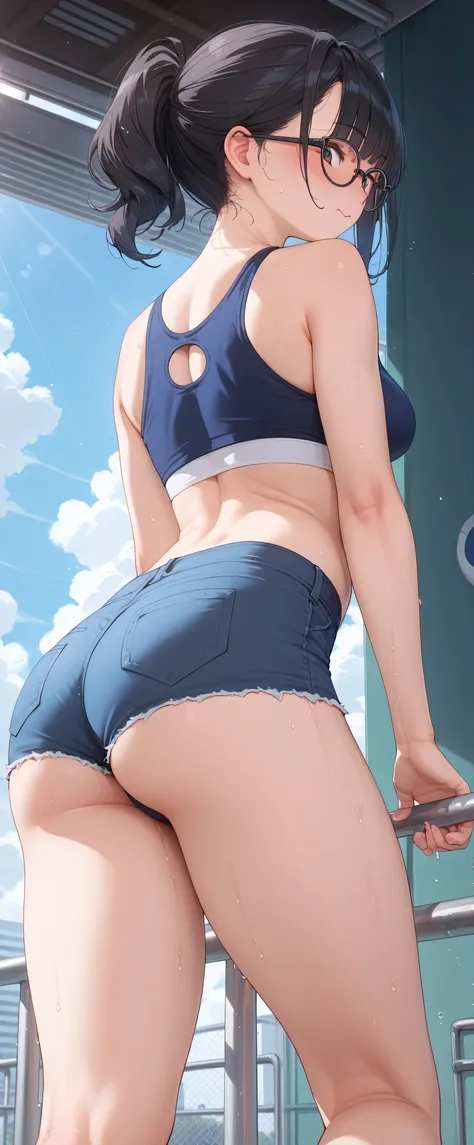 high resolution, Adult female , Good Lighting, Despicable, , (I haven't taken off my clothes), (((sports bra, micro short jeans,))), , Abdominal area only, (Up-angle to buttocks), , cute face, I' m I'm so embarrassed that I blush, embarrassed, (glas...