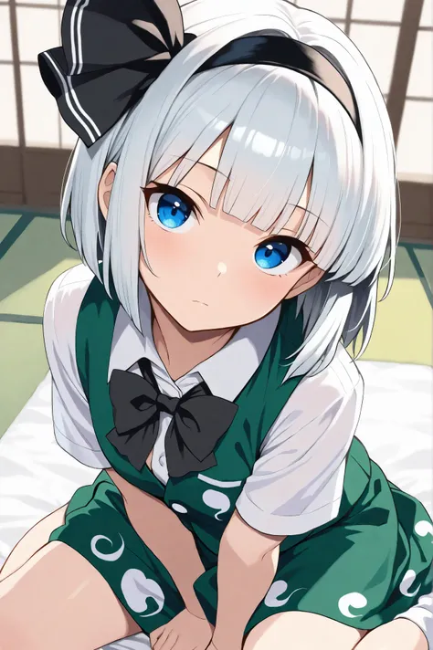 konpaku youmu, 1girl, cheveux blancs, cheveux courts, blunt bangs, blue eyes
headband, hair ribbon, ruban noir, black bow tie, chemise blanche, chemise à col, gilet vert, jupe verte, chaussettes, touhou, masterpiece, better quality