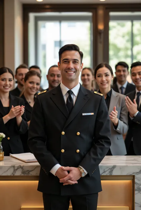 Ultra-realistic portrait photograph of a hotelier standing at a modern hotel reception desk, surrounded by hotel staff and guests applauding him. The hotelier wears a perfectly tailored dark uniform with brass details, white shirt, tie, and a visible name ...