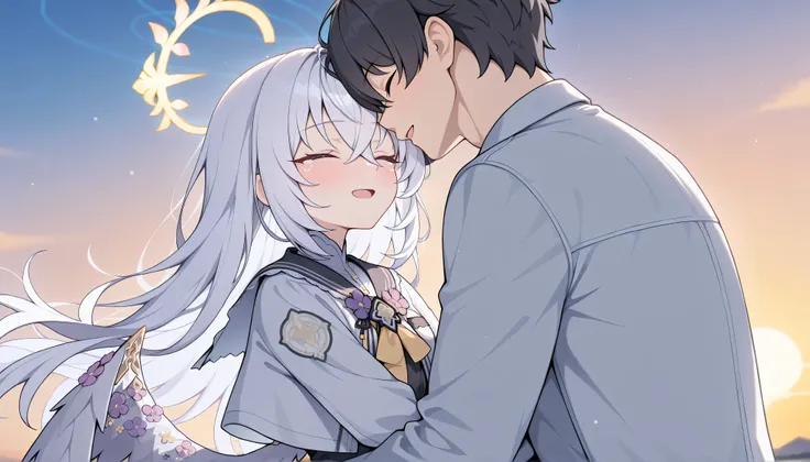 1girl and 1male(azusa (blue archive),closed eyes, tearful, white hair,long hair,wings,hair flower,halo, white capelet,black sailor collar, 　Kevin, masterpiece, Best Quality, very aesthetic, 1boy, cool, Adult male, Height 175cm, male college student, black ...