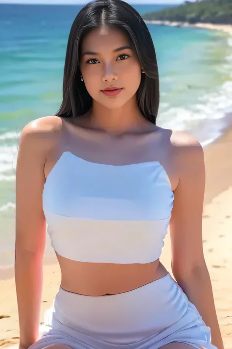 1girl, solo, at the beach,  beautifully sunset beach scenery, cute little smirk, detailed eyes, thick medium breasts, smooth realistic skin, white tight nylon top, white nylon short skirt, looking at the audience, (Overhead shot:1.2), (zoom out:1.4), (8k, ...