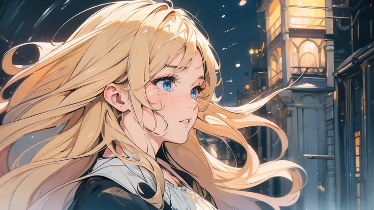 I'm crying violently、profile、Blonde woman、summer night、 Midnight 、Blond woman with blue eyes and eyes、4K high resolution、Ultra Fine、Vivid Colors、Realistic、HDR、UHD、Studio Lighting、super fine painting、Sharp Focus、physically-based rendering、Extreme Detailed D...