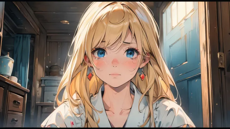 crying bitterly、Peel the side slightly and look at the top、Blonde woman、Depressed in the room、 Midnight 、Blond woman with blue eyes and eyes、4K high resolution、Ultra Fine、Vivid colors、Realistic、HDR、UHD、studio lighting、super fine painting、sharp focus、Physic...
