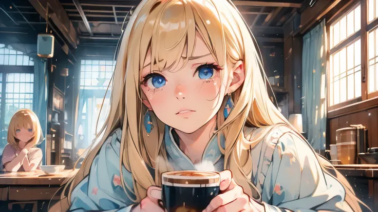 crying bitterly、coffee、Blonde woman、Depressed in the room、 Midnight 、Blond woman with blue eyes and eyes、4K high resolution、Ultra Fine、Vivid colors、Realistic、HDR、UHD、studio lighting、super fine painting、sharp focus、Physically Based Rendering、Extreme Detaile...