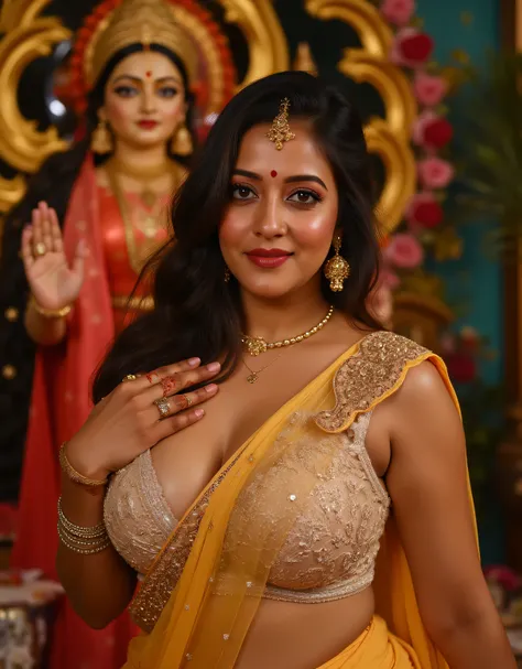 a hindu bengali milf, in sleeveless  thin sexy saree,navel exposed,, mehndi in hand, in bridal shoot,breast size 32,lacy pushup bra 30c,full deep cleavage fully exposed,sexy figure,in durga mata mandir,in front of durga ma's murti,8k,vivid colors,8k