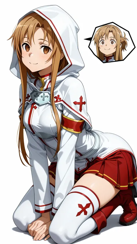 asuna, inspired by the first season of Sword Art Online, long brown hair, brown eyes, light blush, hypnotized facial expression, empty eyes, will have a snide smile, costs, flirty pose, The body is slightly curved so, so that you can see both the chest an...
