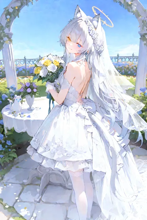 style_name,long hair，Silver Hair，girl，white animal ear ，alone，heterochromia（Left blue right yellow），Blue sky，White cat Tail（White），Luminous pupil，garden，white wedding dress，long white dress，white stockings，Back，Drop Shoulder，Smile，standing，white shoes，whit...