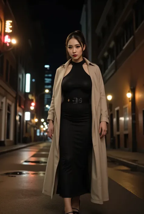 Pitch-dark back alleys, night views, lit neon tubes, wet roads.
She is wearing a trench coat over a black high-necked sleeveless shirt.
Long black skirt, stiletto heels.
Super beautiful woman, looks like a intimidating dominatrix.
Long upturned eyeliners, ...