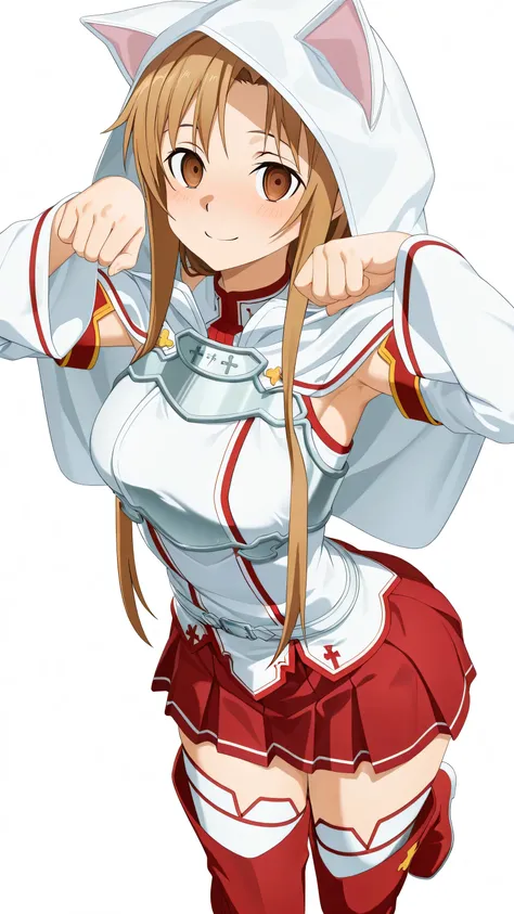3DMM,asuna, inspired by the first season of Sword Art Online, long brown hair, brown eyes, light blush, hypnotized facial expression, empty eyes, will have a snide smile, costs, flirty pose, The body is slightly curved so, so that you can see both the che...