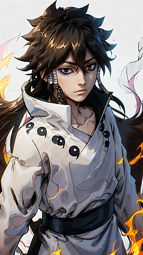 1 man, brown hair, black eyes, white tunic, surrounded by blue flames.